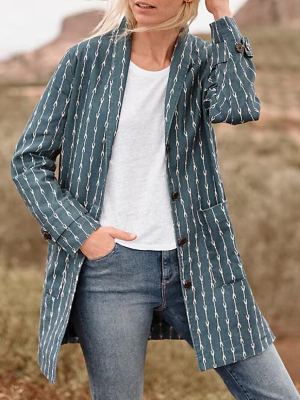 Garnet Hill linen trench coat blue Southwestern arrow print relaxed mid-length